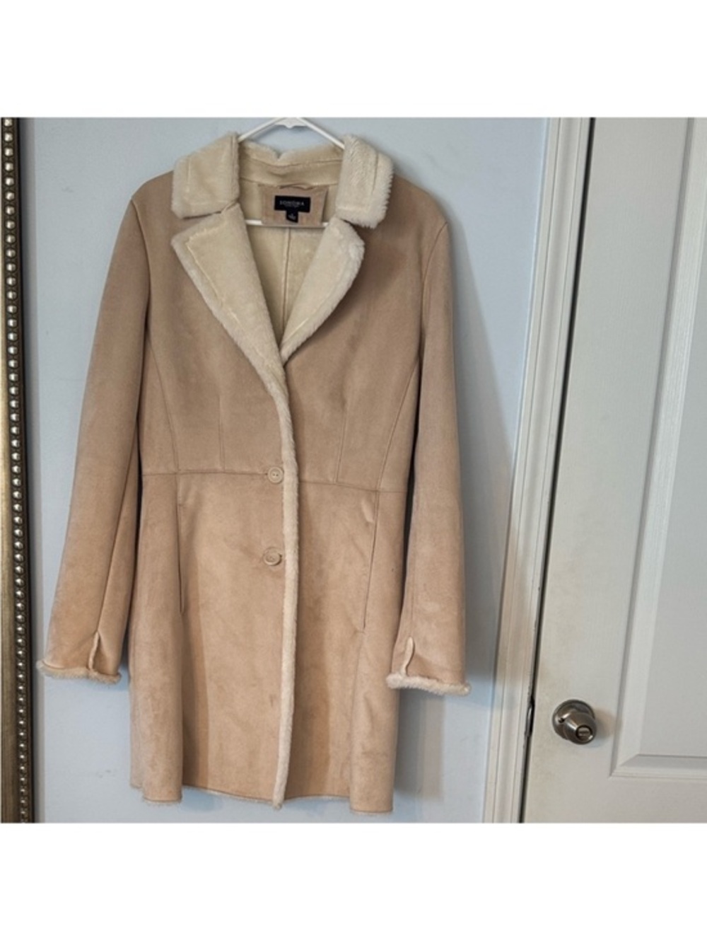 New Sonoma Faux Suede Trench Coat with Cream Faux Shearling Trim Large